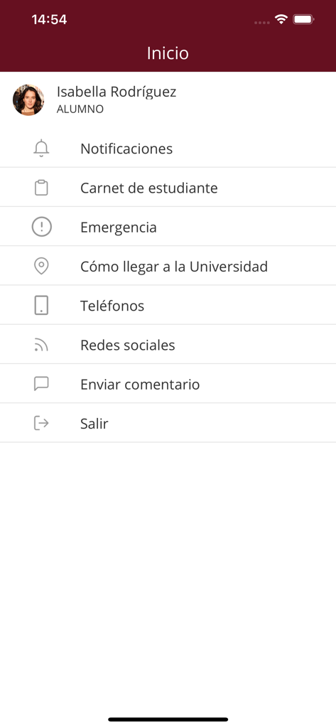 Universidad ORT Uruguay - Home screen of Universidad ORT Uruguay app displaying student navigation menu and profile information