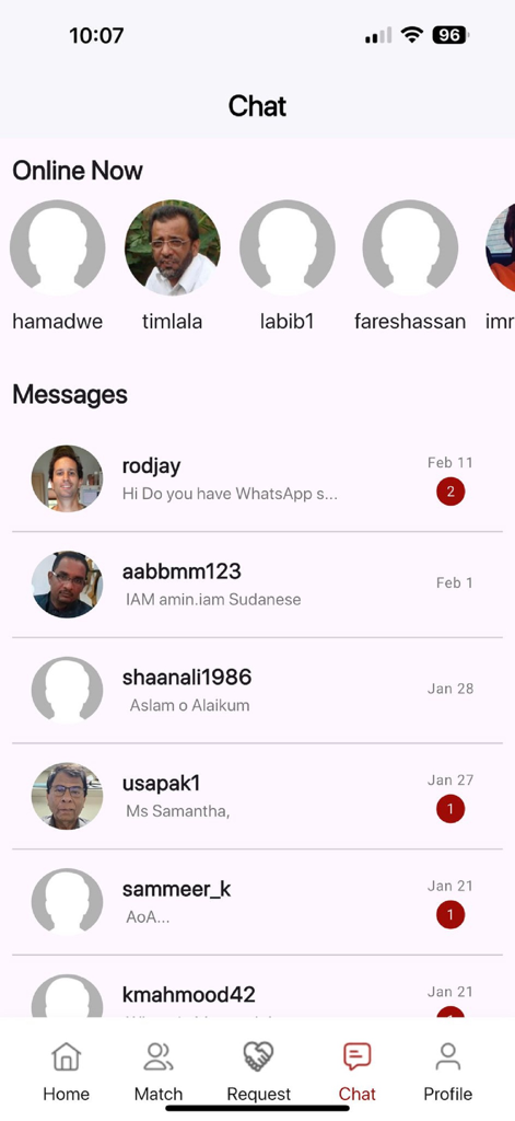 Chat interface of the Qiran app showing active messages and online members for Muslim matrimonial matchmaking