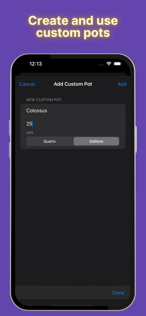 Jambalaya Calculator - App screen for creating a custom pot with 25 gallon capacity