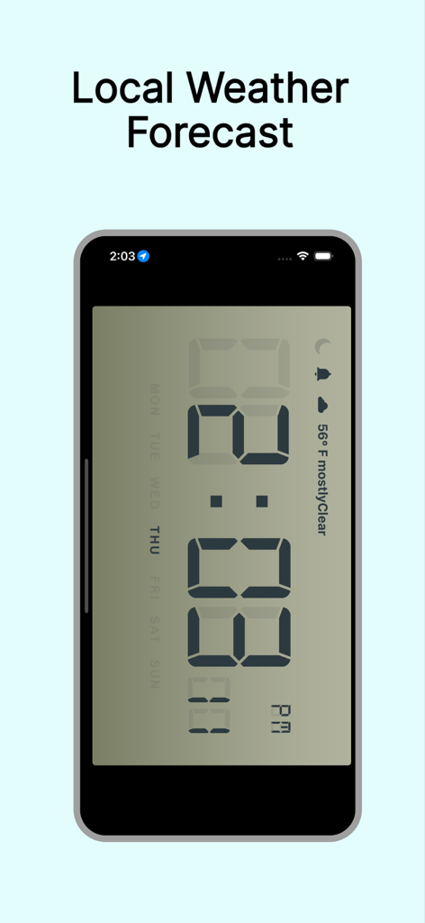Orologio digitale che mostra l'ora, il giorno della settimana e le previsioni meteo locali su un dispositivo mobile
