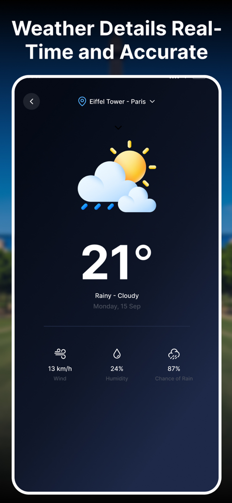 Real time weather forecast interface showing temperature and humidity for Paris