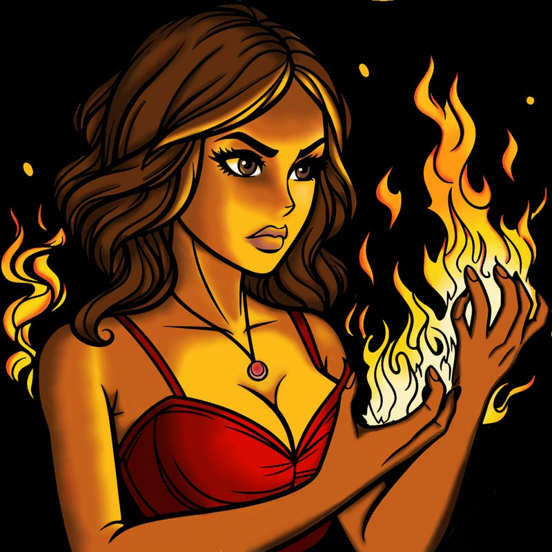 a realistic woman having the power of fire