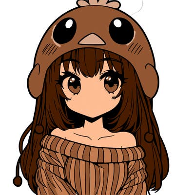 anime girl with chick shaped hat with sweater with bare shoulders with bangs covering them one eye with low tail