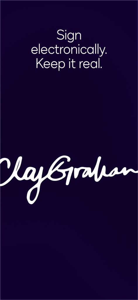 Docusign mobile app screen featuring the text Sign electronically Keep it real with a stylized white signature on a purple background