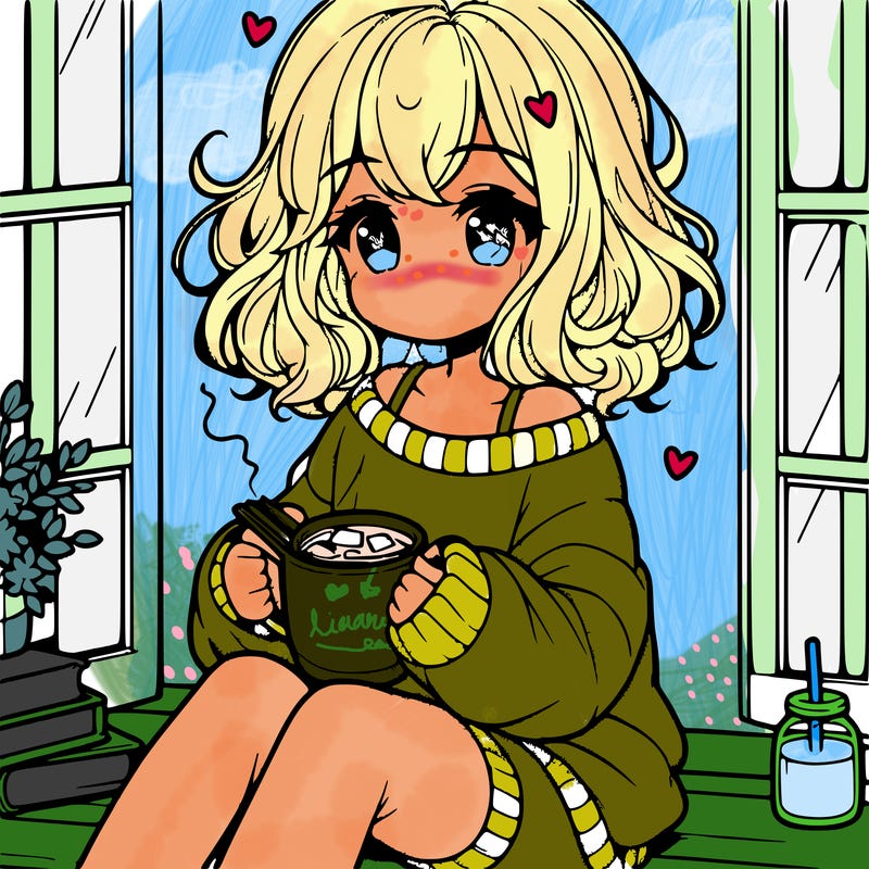 cute anime girl reading book and drinking hot chocolate from mug with loose wavy hair wearing a baggy sweatshirt and shorts sitting by windowsill looking out