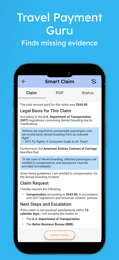 RefundMe AI travel claims - Smartphone screen showing a travel refund claim with AI-generated legal citations and DOT regulations