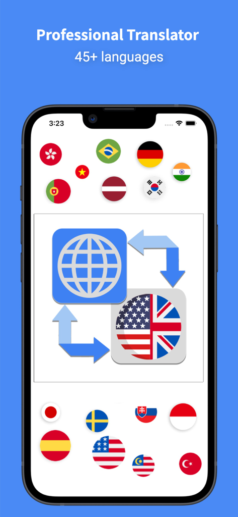 Language Translator Pro - All+ - Language Translator Pro app interface showing support for over 45 languages with various national flag icons.
