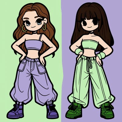 two girl in crop top and baggy pants