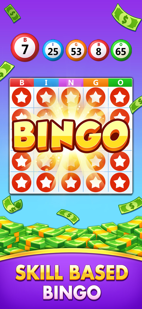 A winning Bingo card over a pile of cash in a skill based mobile game