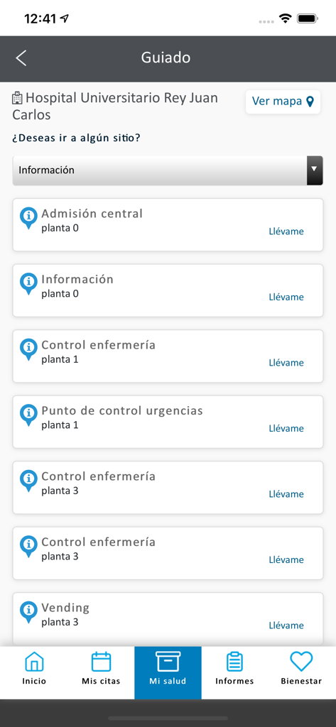 H.U Rey Juan Carlos - Guided navigation interface showing hospital locations by floor in the H.U. Rey Juan Carlos app