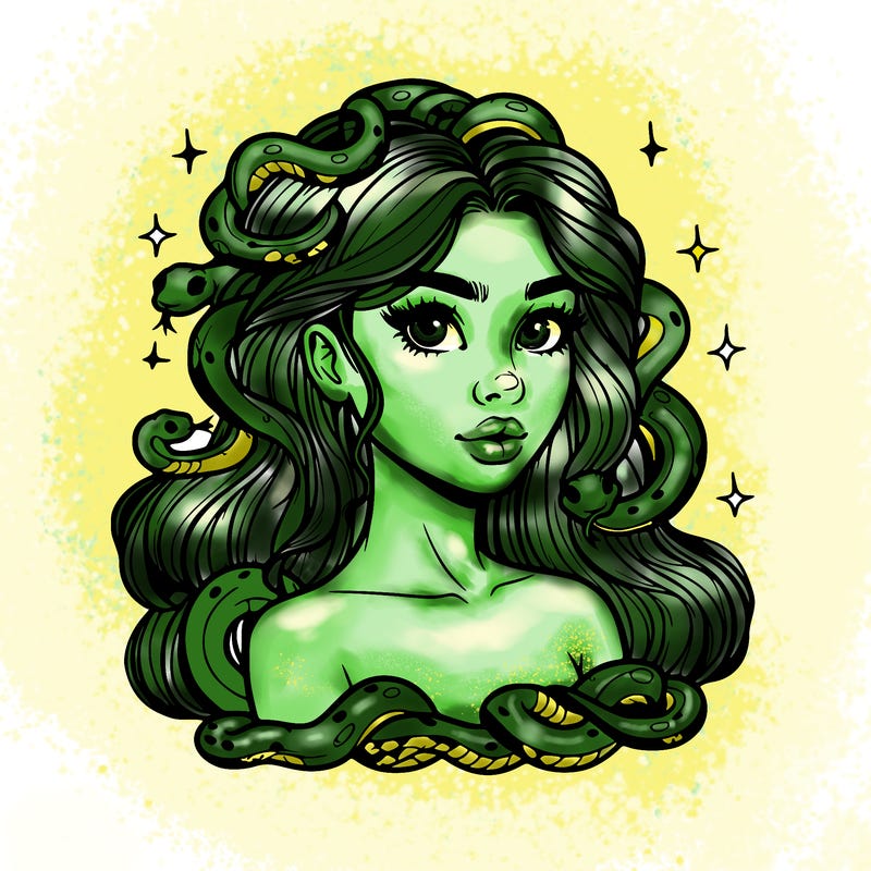 realistic girl with snakes as hair