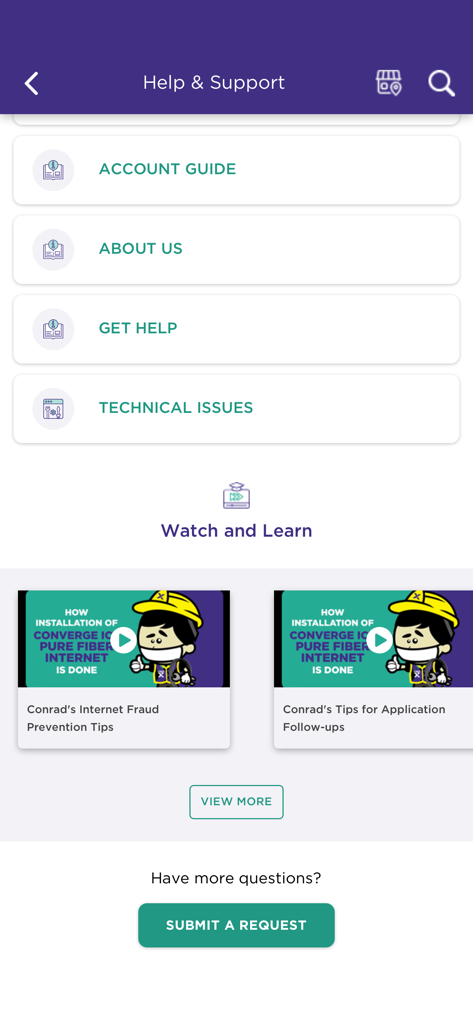 Converge GoFiber! - Help and support screen of the Converge GoFiber app featuring account guides and technical support videos