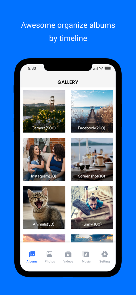 Gallery : Media File Manager - 갤러리 앱의 스크린샷으로, 그리드 레이아웃에 정리된 사진 및 동영상 앨범을 보여줍니다.