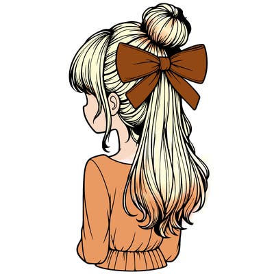 realistic girl  with hip length hair a bun and a big bow on the back of head