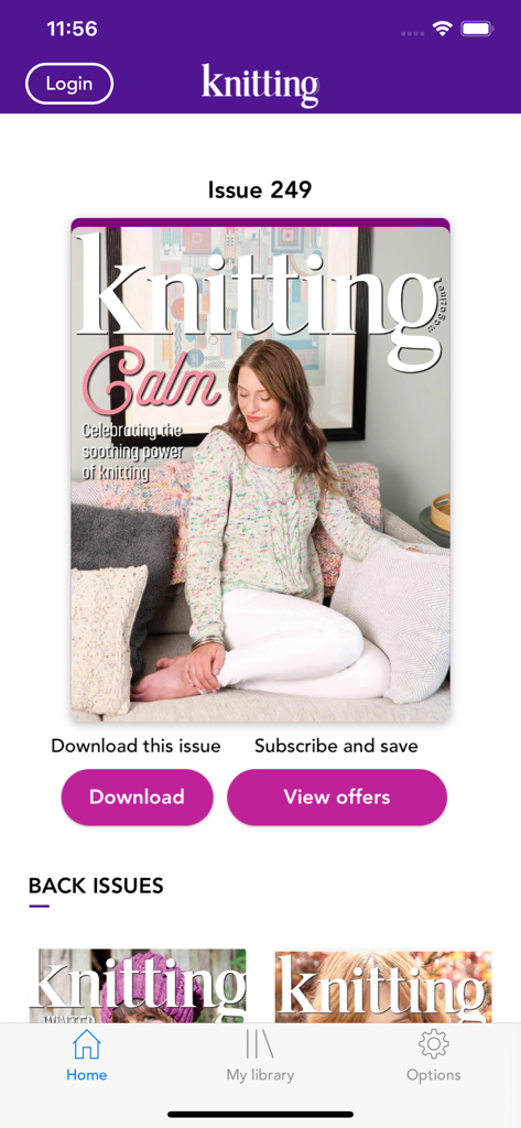 Knitting Magazine - Interface do aplicativo Knitting Magazine mostrando a capa da Edição 249 e edições anteriores