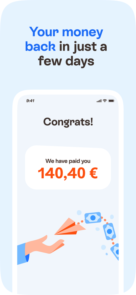 Barkibu. Pets Health 24/7 - Écran de l'application Barkibu montrant un remboursement d'assurance pour animaux réussi avec un message de félicitations et le montant du paiement.