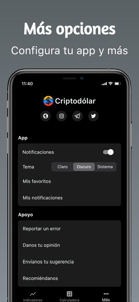 Pantalla de configuración de la app Criptodolar mostrando interruptores de notificación, selección de tema y opciones de soporte para el seguimiento de tipos de cambio en Venezuela
