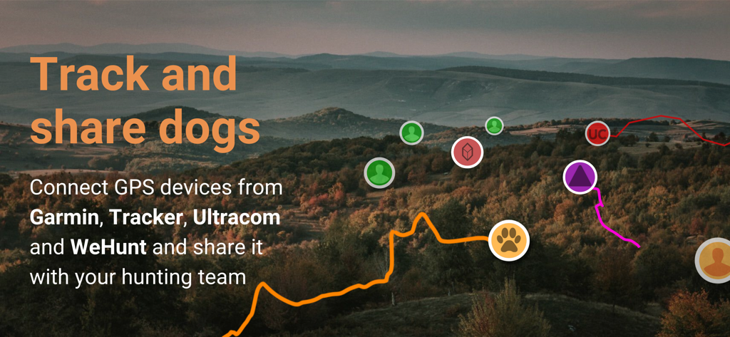 WeHunt - WeHunt app interface showing dog tracking and team sharing on a terrain map