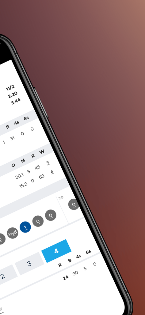 NV Play Pitchside Analytics - Cricket coaching app interface displaying bowling statistics and live scoring buttons