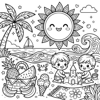 Dive into a delightful summer morning with this engaging coloring page designed for kids. Featuring happy children building sandcastles under a cheerful sun, it's perfect for sparking creativity and warm-weather dreams.