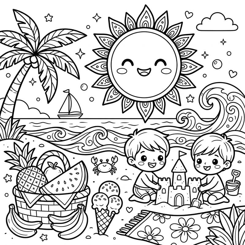 Dive into a delightful summer morning with this engaging coloring page designed for kids. Featuring happy children building sandcastles under a cheerful sun, it's perfect for sparking creativity and warm-weather dreams.