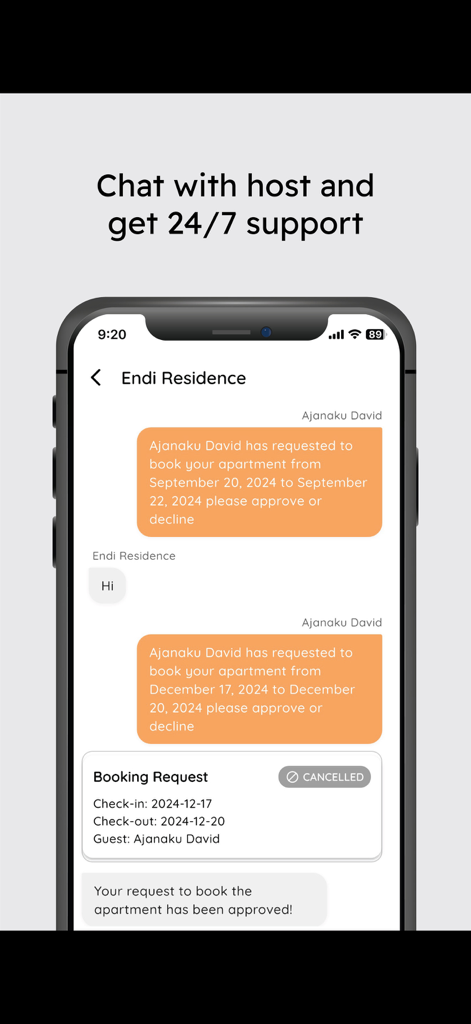 Shrbo - Shrbo app chat interface showing booking requests and guest host communication with 24/7 support