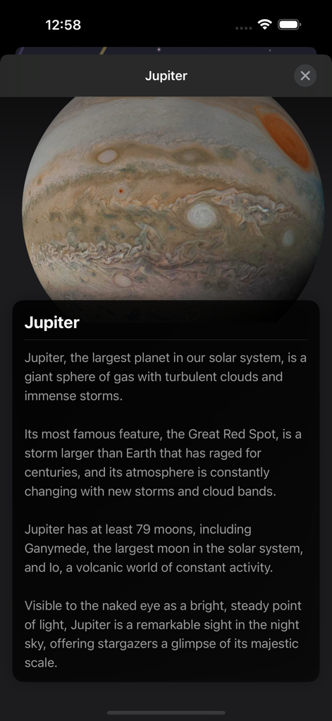 PlanetFinder Pro - A detailed view and description of the planet Jupiter within the PlanetFinder Pro app interface.