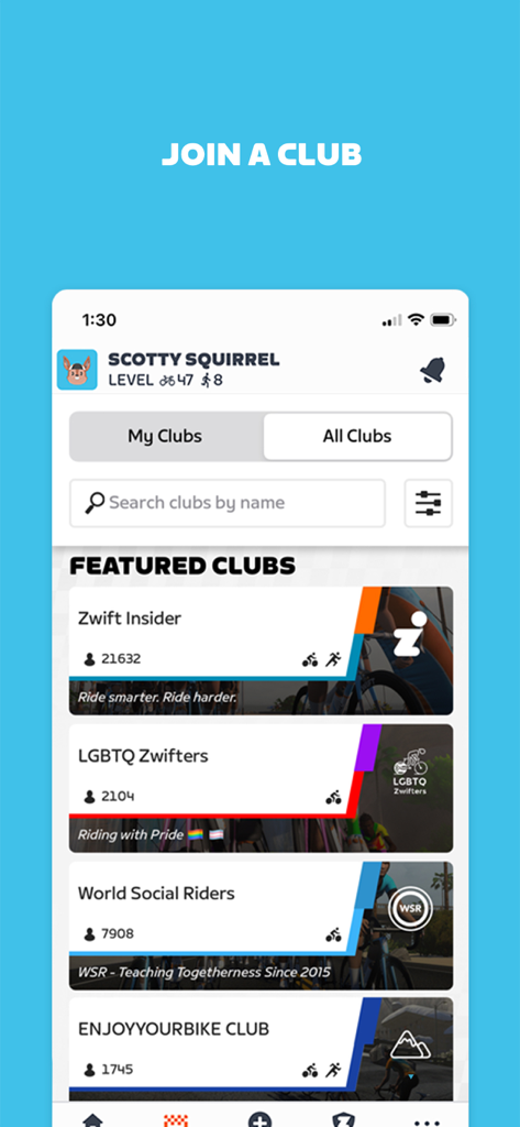 Zwift Companion - Zwift Companion app screen displaying featured cycling clubs and a search bar to join communities.