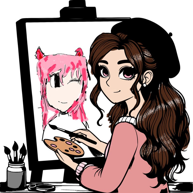 realistic girl artist painting a blank canvas