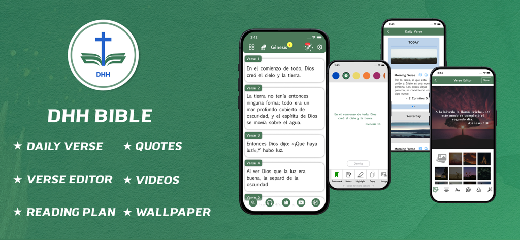 Dios Habla Hoy - offline - Banners promocionales para la aplicación de la Biblia DHH que muestran funciones como versículos diarios y editor de versículos en pantallas de móvil