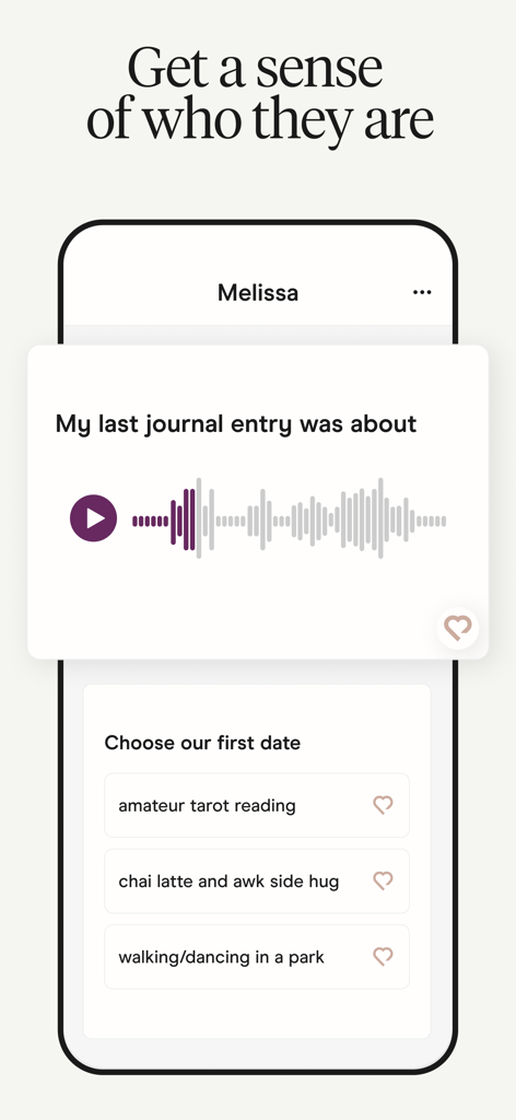 Hinge app interface showcasing voice prompts and personality-based conversation starters.