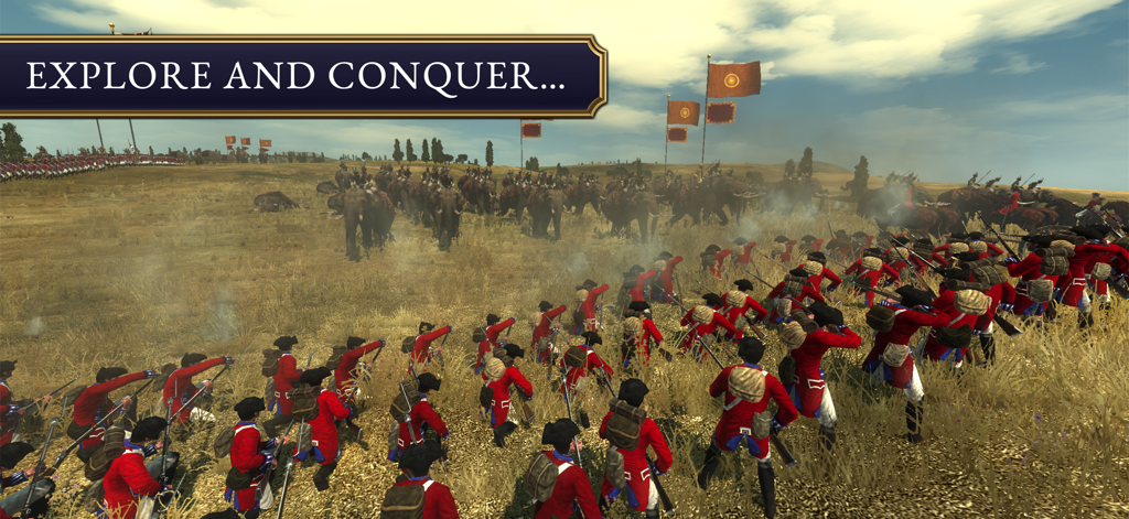 Total War™: EMPIRE - Redcoat infantry facing a charge of war elephants on a battlefield