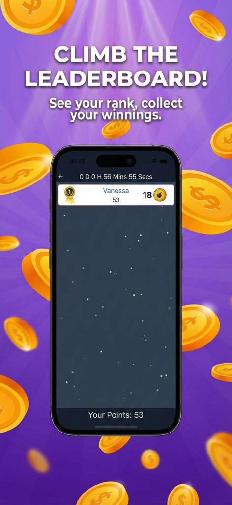 Leaderboard screen of the Just Games app showing player rank and rewards