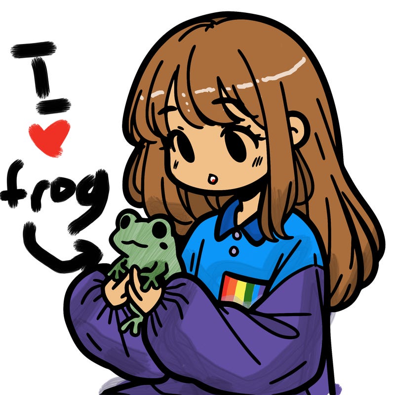 girl with long hair and a oversized shirt. and she is holding a frog