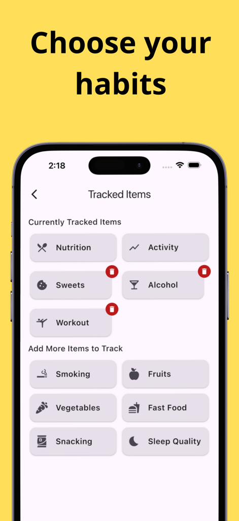 A mobile app screen showing options to track daily habits like nutrition, activity, and sleep quality.