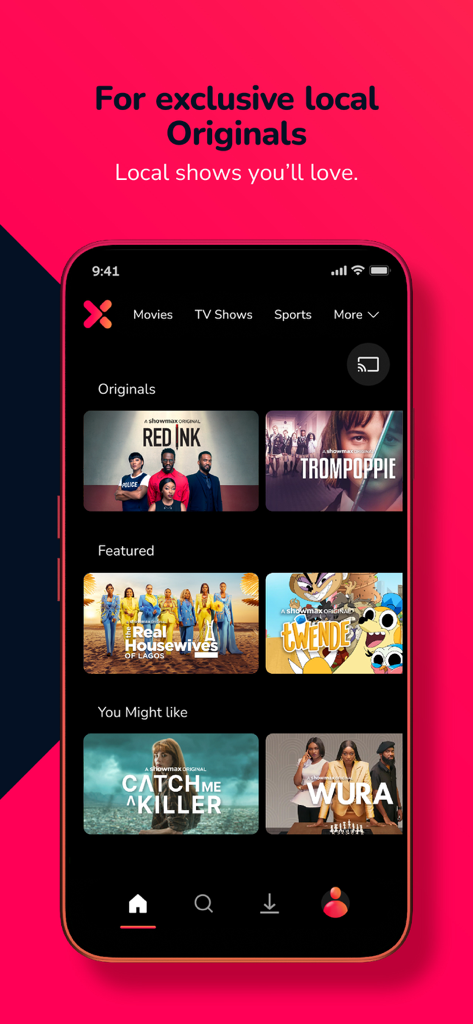 Showmax - Interfaz de la aplicación móvil Showmax mostrando series y películas originales africanas exclusivas