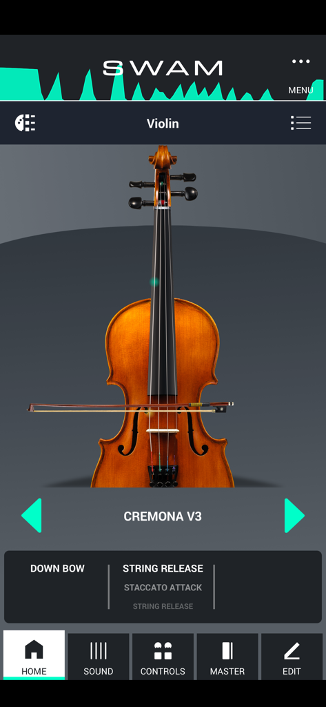 SWAM Violin app home screen showing the Cremona V3 virtual instrument model and performance interface