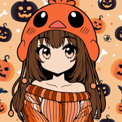 anime girl with chick shaped hat with sweater with bare shoulders with bangs covering them one eye with low tail