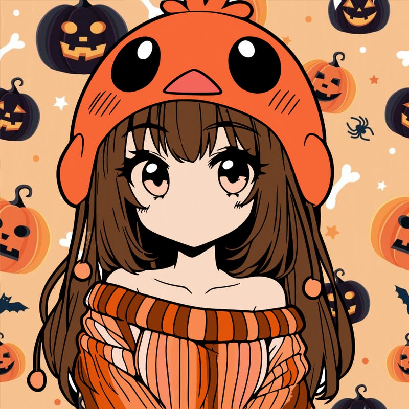 anime girl with chick shaped hat with sweater with bare shoulders with bangs covering them one eye with low tail