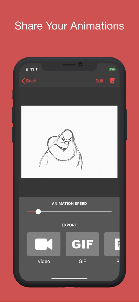Animatic - Animatic app screen showing options to export hand drawn animations as video or GIF