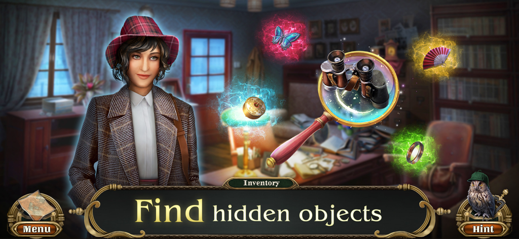 Miss Holmes 3: F2P Detective - Miss Holmes de pie en un estudio victoriano con objetos flotantes y una lupa