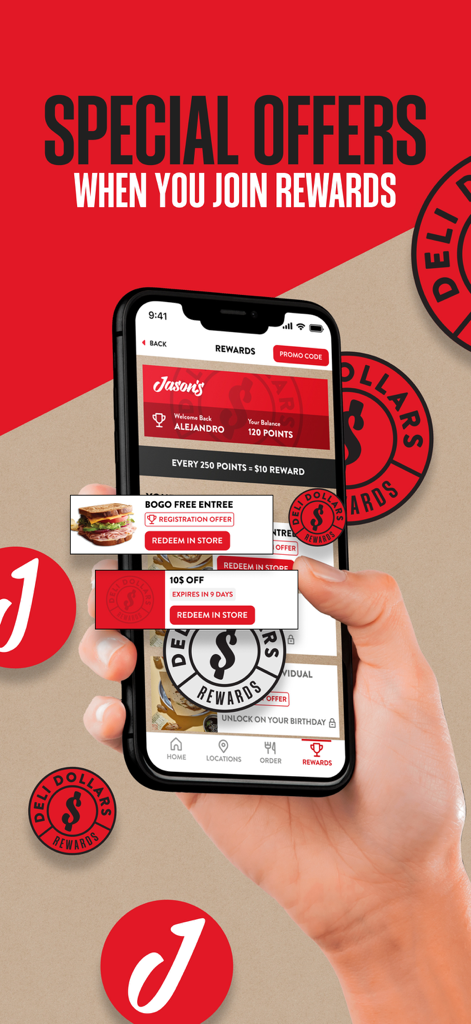 Jason's Deli - Hand holding a smartphone displaying Jasons Deli rewards program with special offers and points balance
