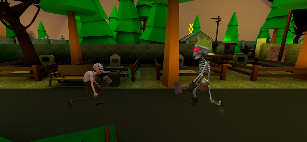 Grandpa And Granny Adventures - Grandpa facing a giant skeleton with red eyes in a low poly graveyard