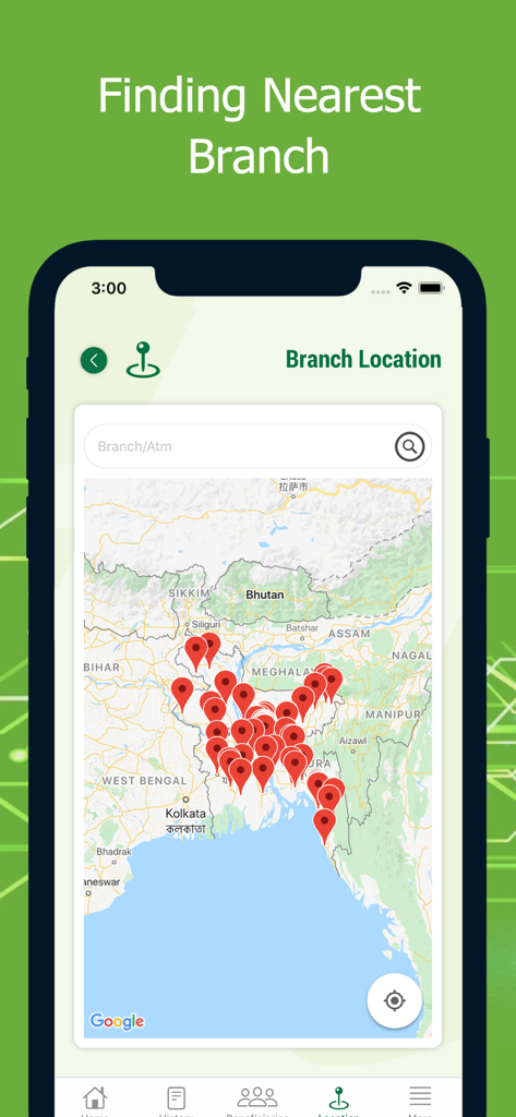 Trust-Money - Trust-Money app branch location screen displaying a map of Bangladesh with bank branch and ATM markers