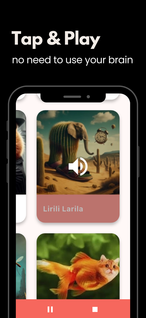 Italian Brainrot Soundboard - Interface of the Italian Brainrot Soundboard app showing meme sound cards like a cactus elephant and a cat fish with a Tap and Play header