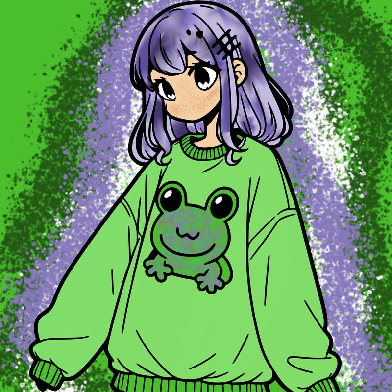 girl wearing frogging sweatshirt