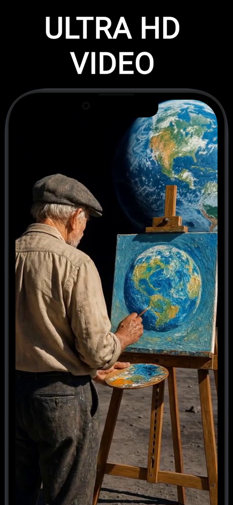 King AI: AI Video Creator - Screenshot of King AI app showing an ultra HD video generation of an artist painting the Earth in space
