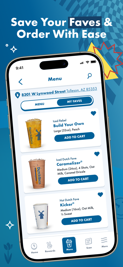 Mobile Benutzeroberfläche der Dutch Bros App, die ein Menü mit bevorzugten, individuell angepassten Getränken wie Iced Rebel und Caramelizer mit Schaltflächen "In den Warenkorb" anzeigt.