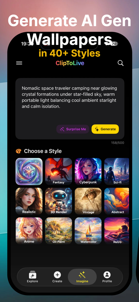 ClipToLive • Live Wallpapers - ClipToLive app interface for generating AI wallpapers with 40 plus artistic styles