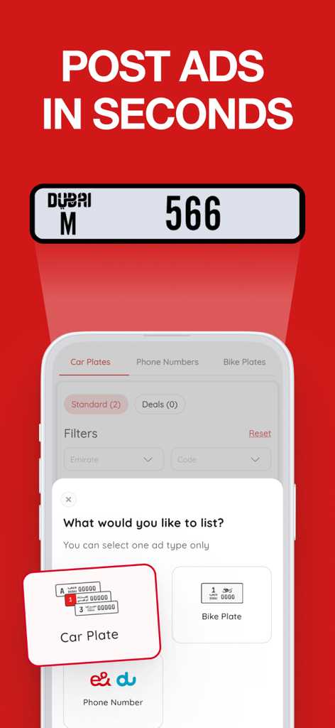 S-Hub: Marketplace - A screen from the S-Hub app showing the interface for posting car plate and phone number ads in seconds